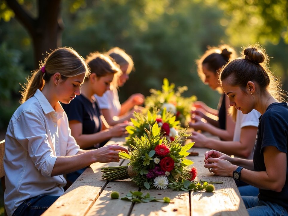 A small group at a long timber table during a flower workshop