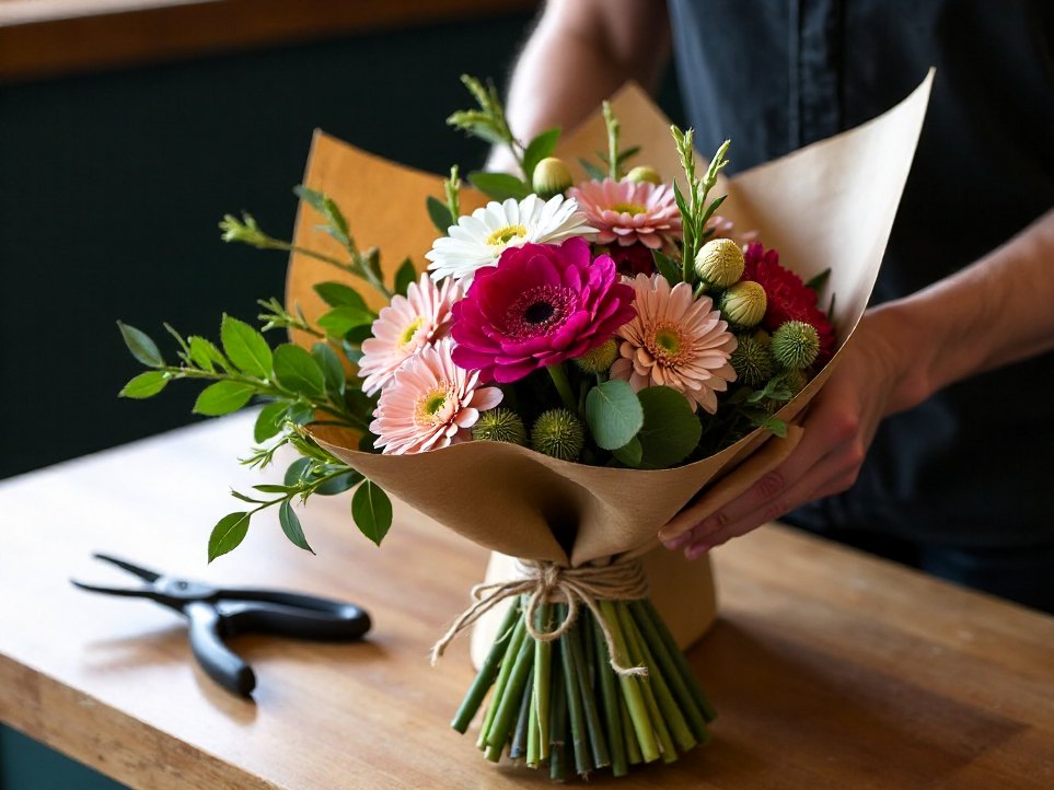 A finished native flower bouquet wrapped in brown paper and twine, ready to go