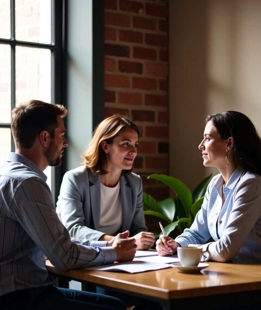 A solicitor talking with clients at a timber desk in a Spring Hill office