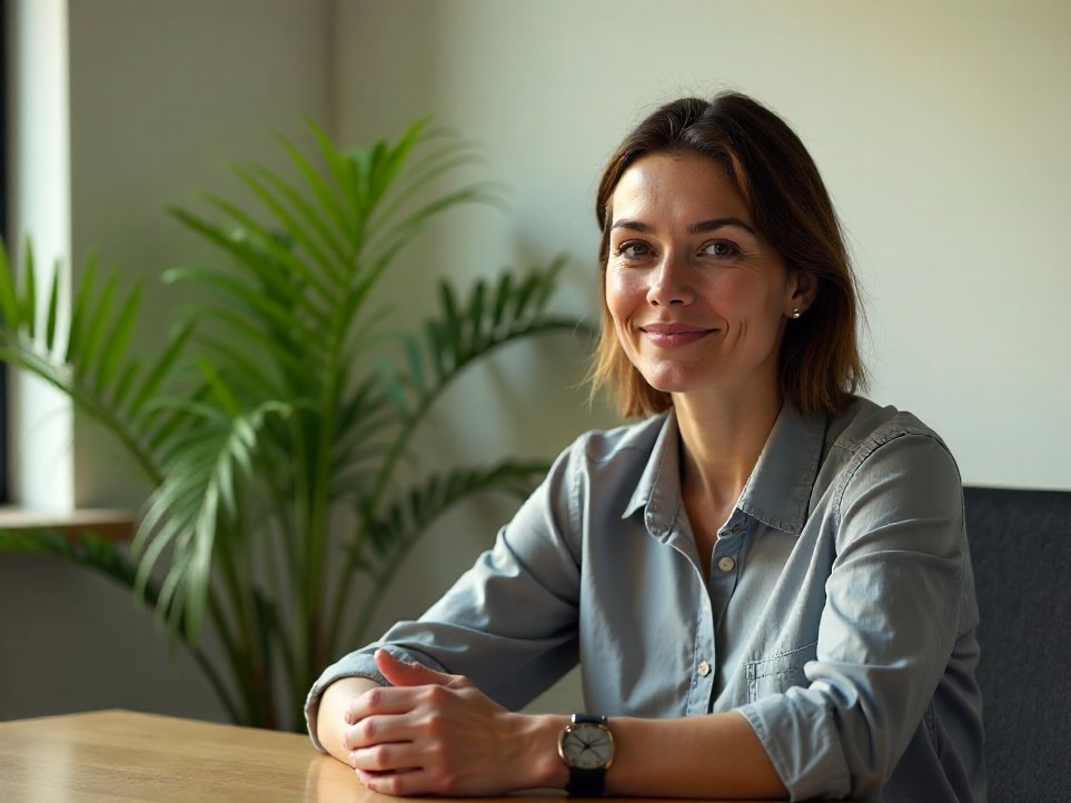 A woman sitting quietly in a meeting room, hands folded