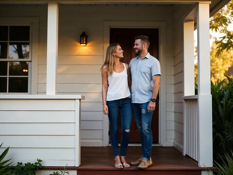 A couple standing on the front steps of a Queenslander home