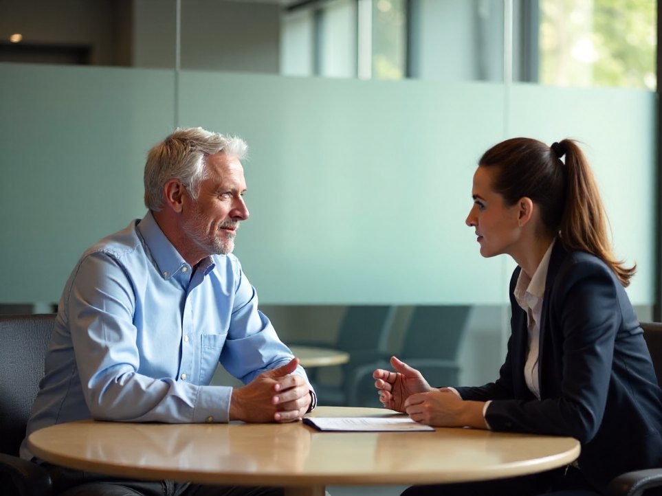 A solicitor and a client in a meeting room, mid conversation