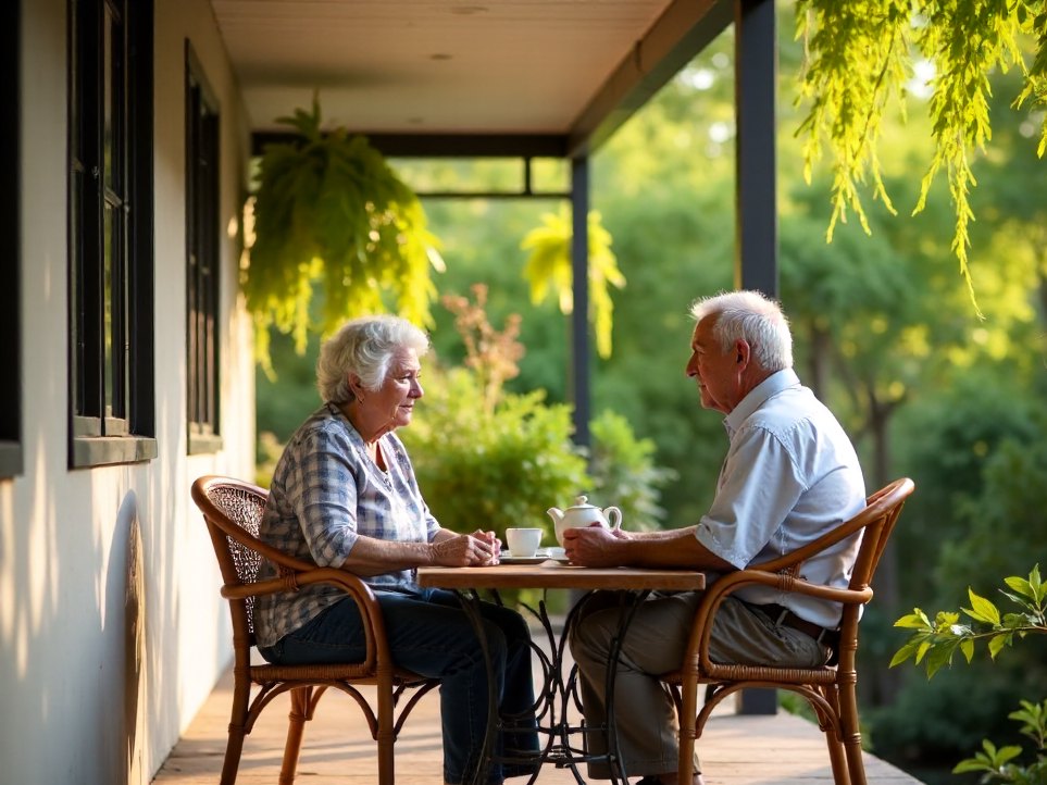 An elderly couple and their adult son having tea on a verandah