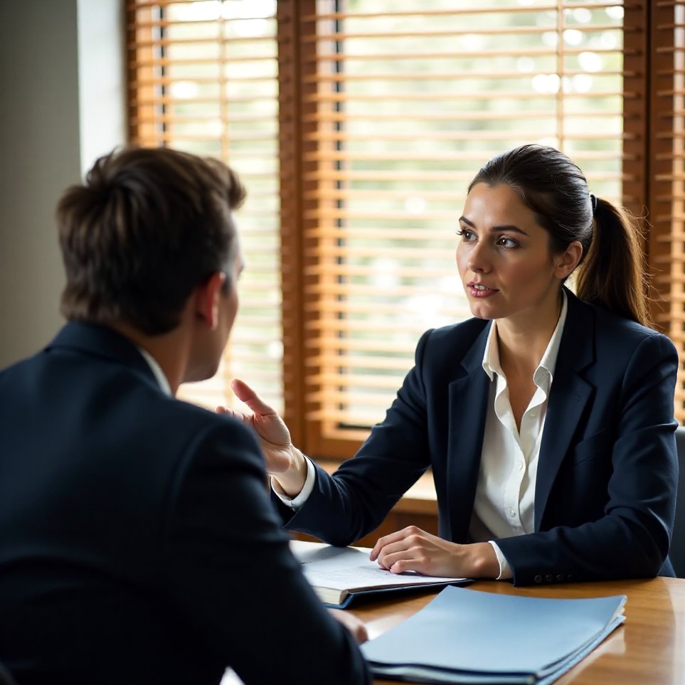 A solicitor explaining the next step while a client listens