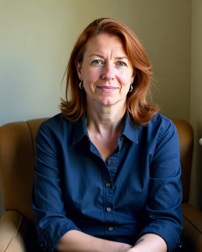 Imogen Hale seated in an armchair by a window, hands resting in her lap