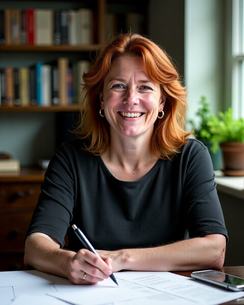 Imogen Hale laughing at a desk covered in papers, pen in hand