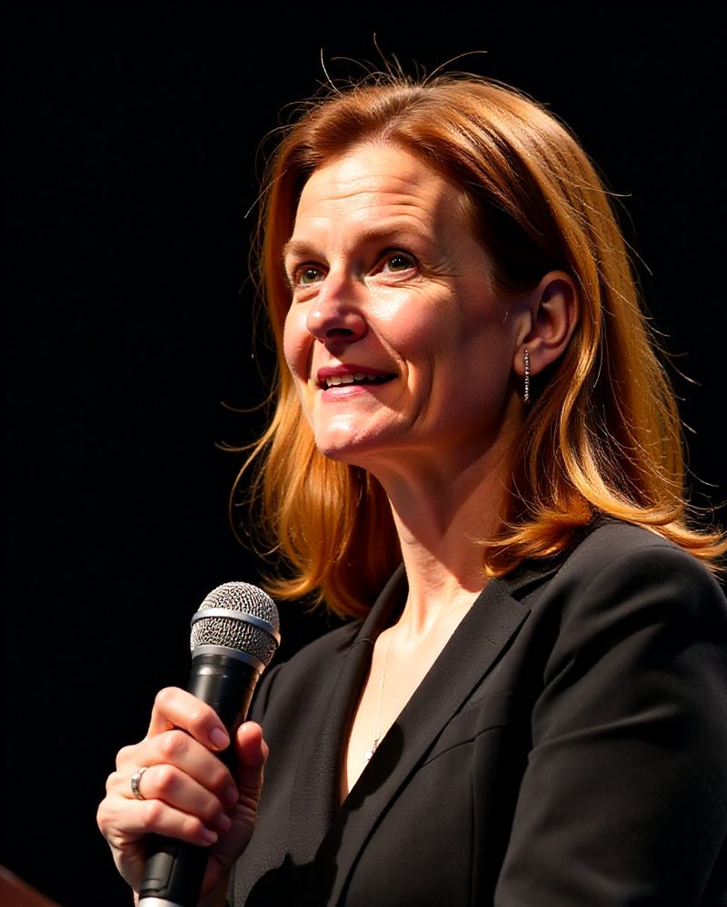 Imogen Hale speaking into a handheld microphone on a dark stage
