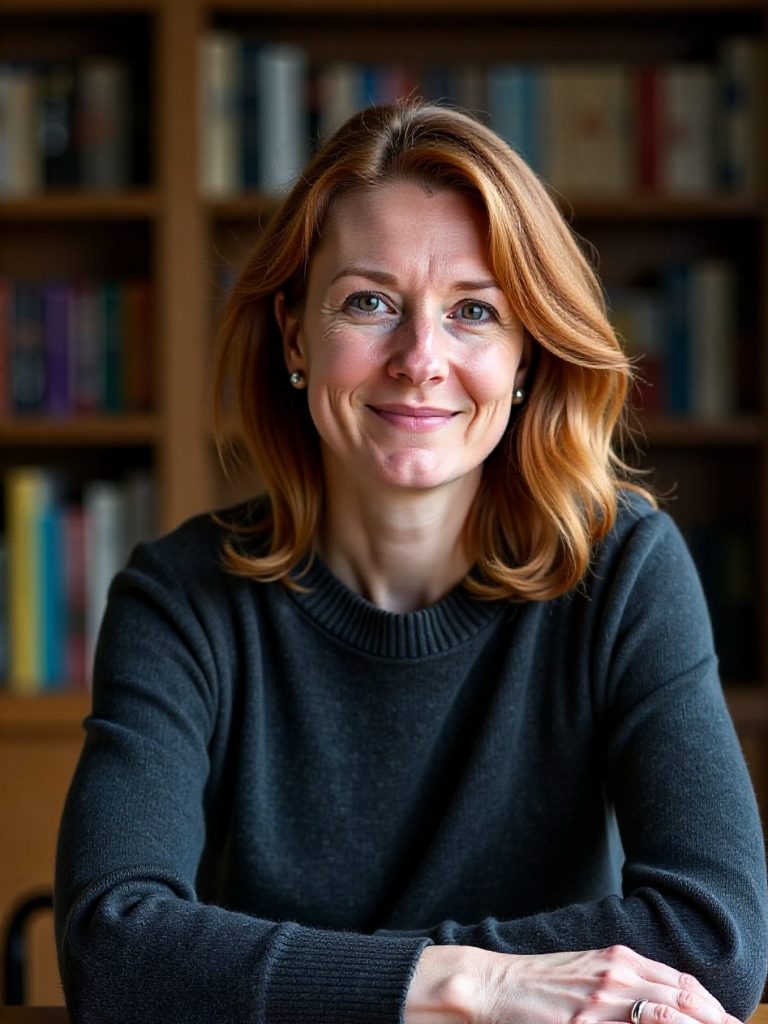 Imogen Hale at a wooden writing desk in front of bookshelves, turned three-quarters to the camera