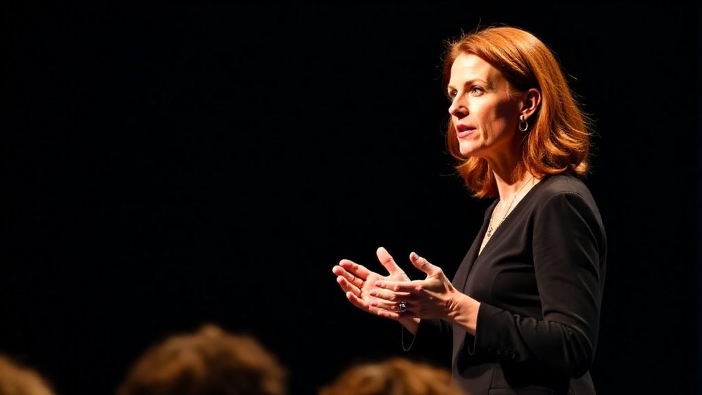 Imogen Hale mid-gesture on a dark stage, audience heads blurred in the foreground