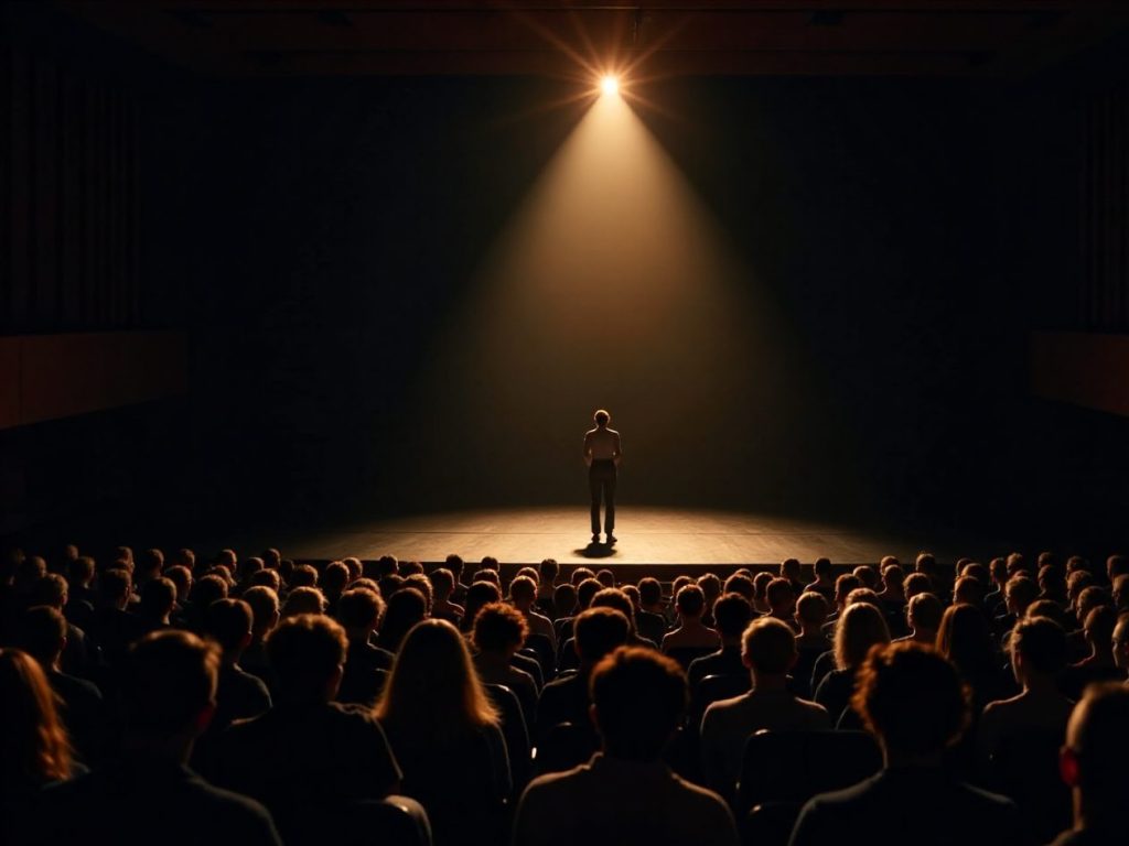 A single speaker under a warm spotlight on a dark stage, seen from the back of a full hall