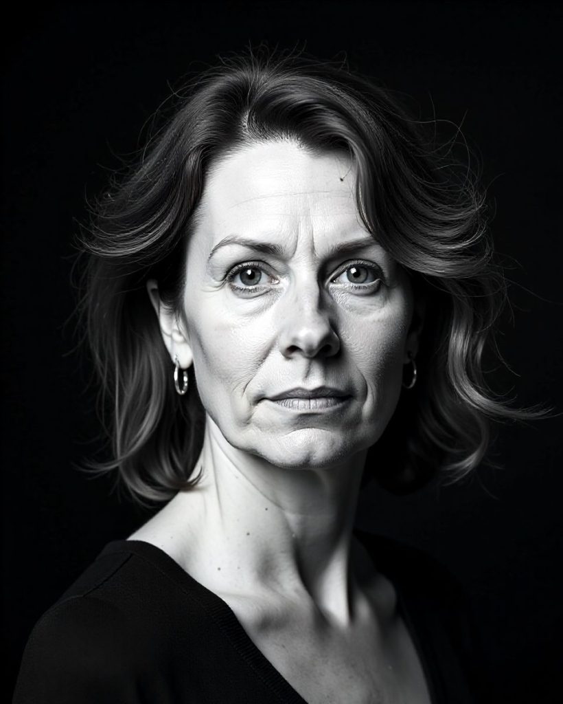 Black-and-white portrait of Imogen Hale looking straight at the camera against a black background