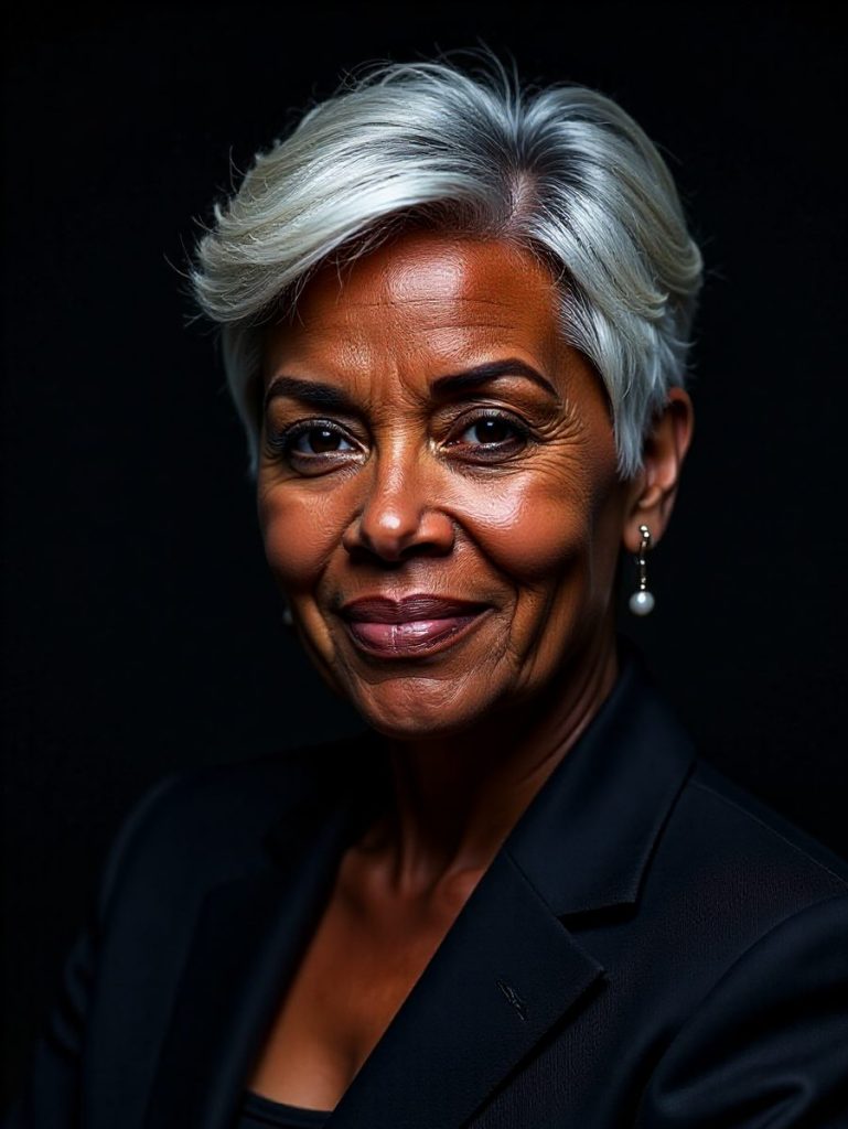 Portrait of Renata Ossei, Chief People Officer, in a dark suit against a dark background