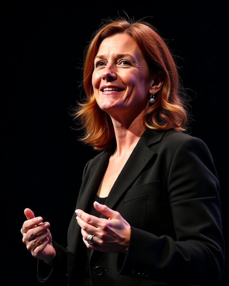 Imogen Hale speaking on stage in a black blazer, hands mid-gesture