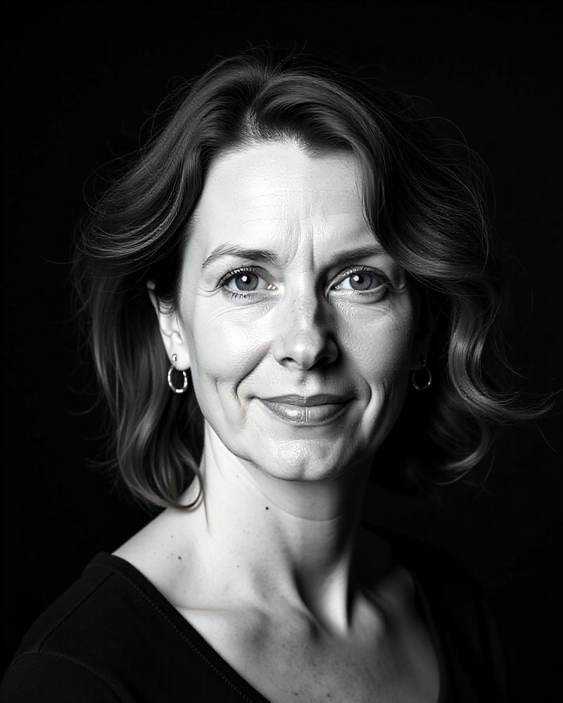 High-contrast black-and-white head-and-shoulders portrait of Imogen Hale