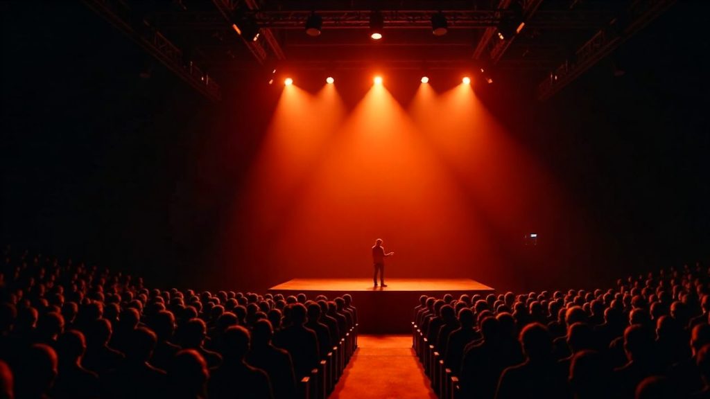 A speaker small on a vast conference stage under orange light, a full dark auditorium in front