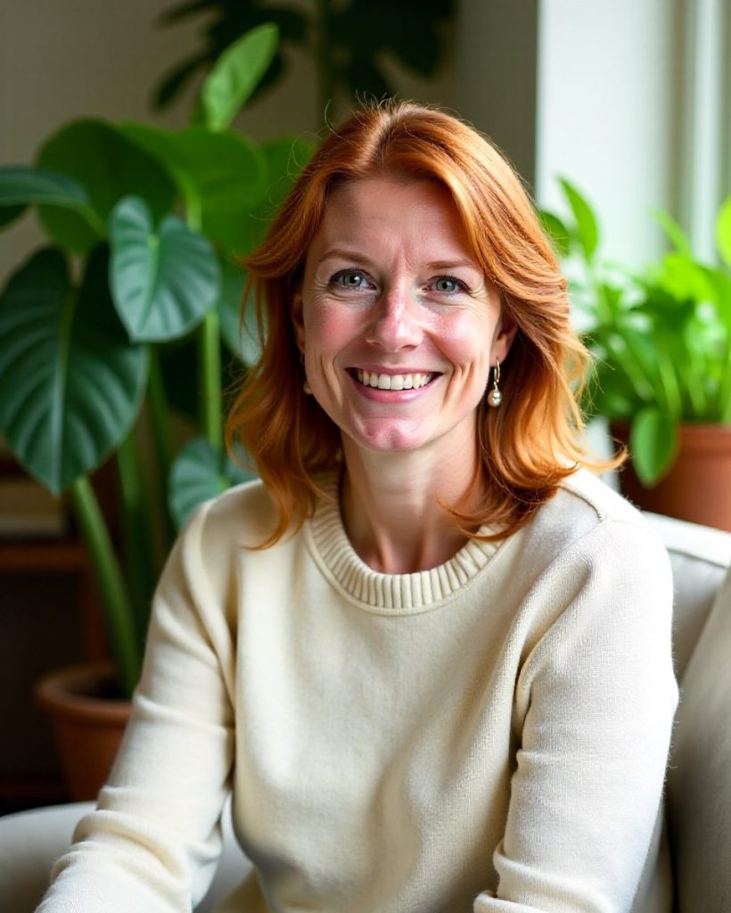 Imogen Hale relaxed on a sofa in a bright room full of houseplants