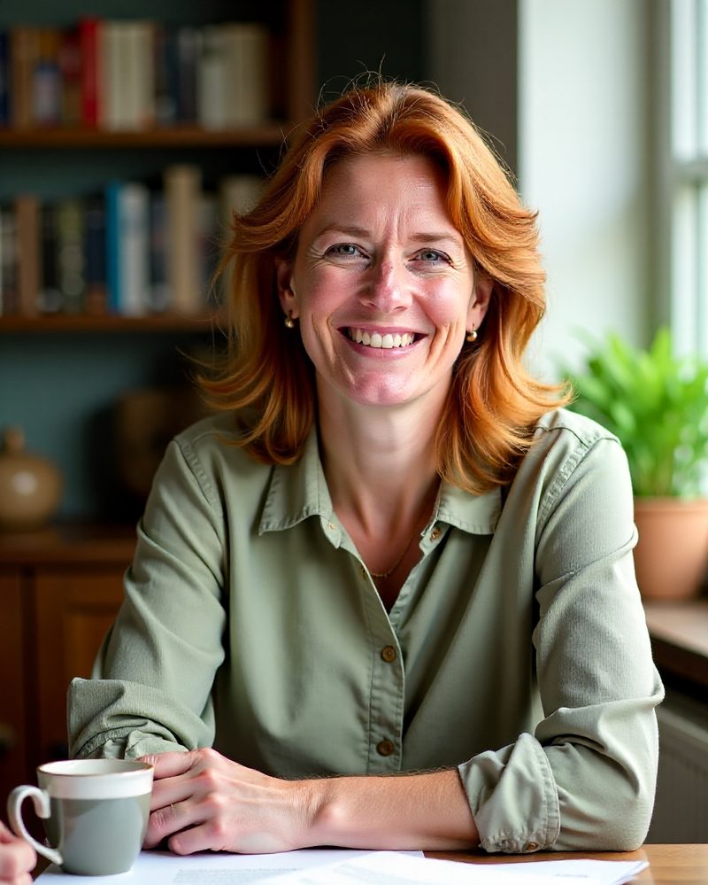 Imogen Hale laughing at a desk with papers and a mug of tea by a window