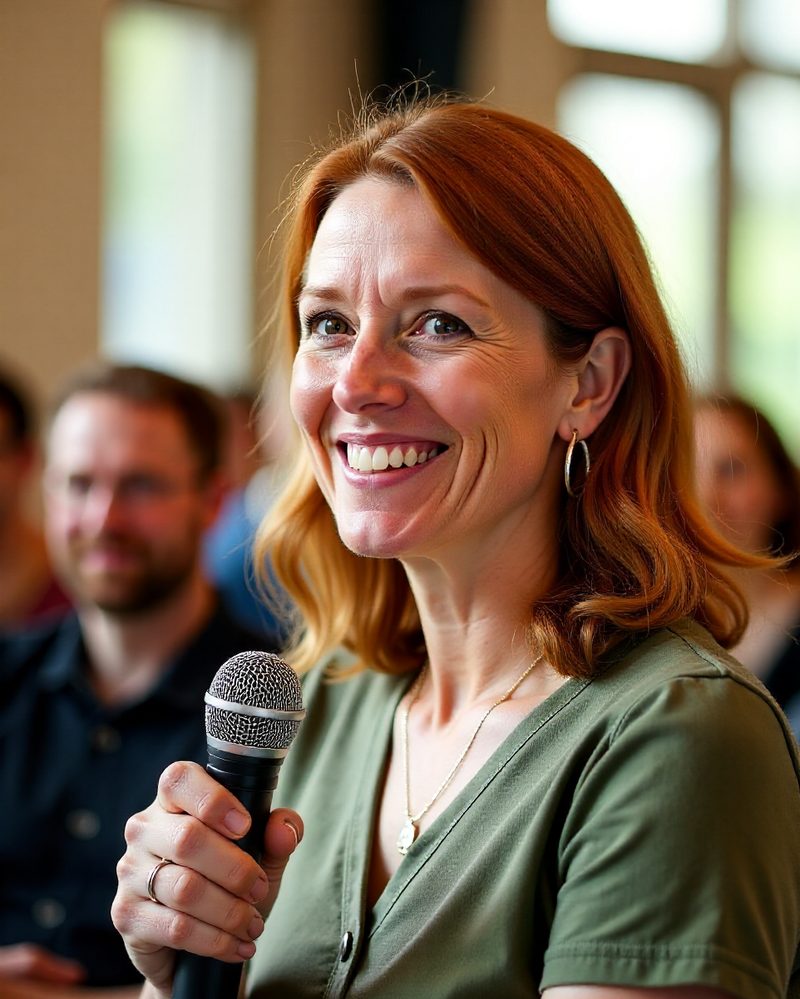 Imogen Hale speaking into a handheld microphone in a bright, busy room