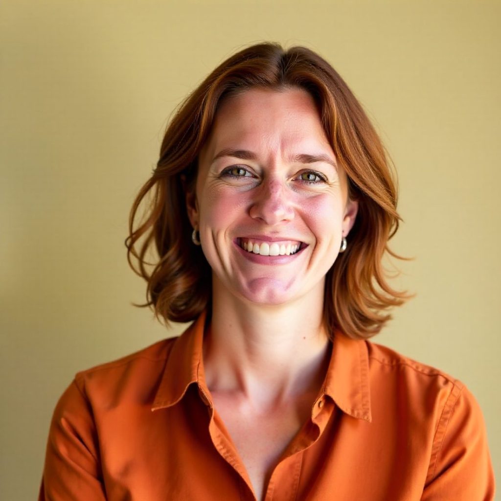 Imogen Hale laughing in a terracotta linen shirt against a plain cream background
