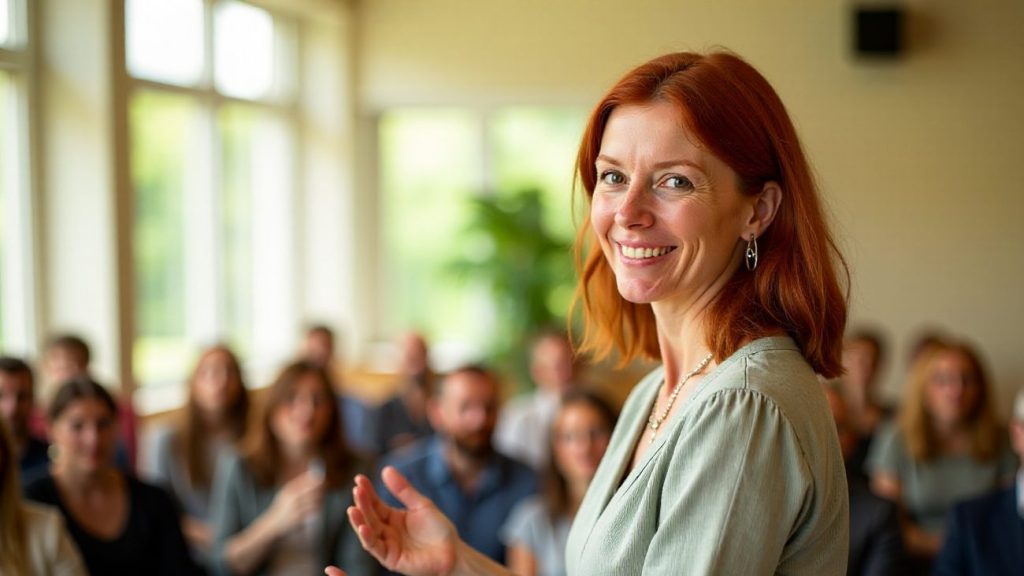 Imogen Hale presenting in a bright room with tall windows, audience seen from behind