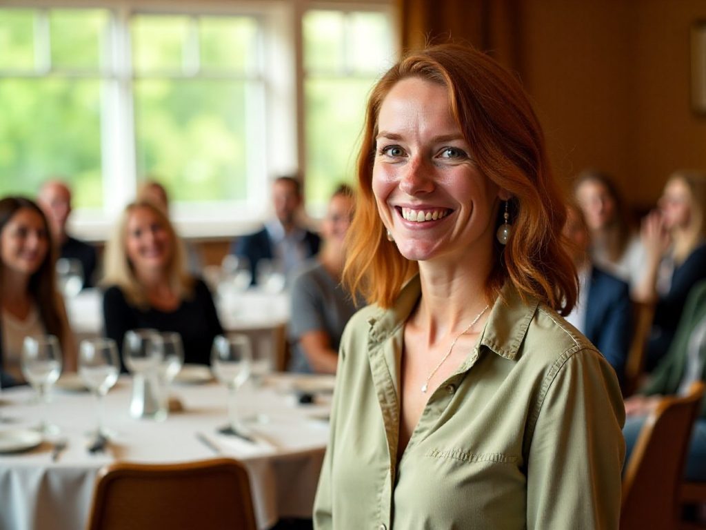Imogen Hale walking between round tables of laughing delegates in a daylit event room