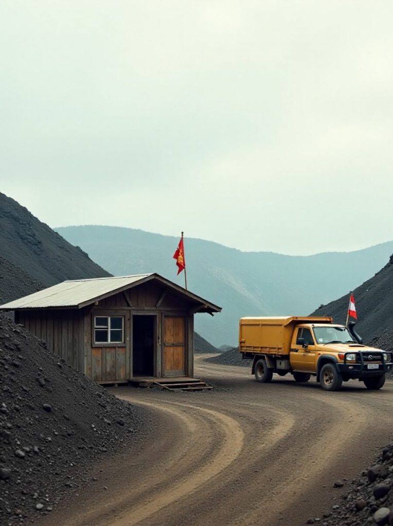 A small site office beside a dirt yard with a flagged light vehicle, early morning at the mine