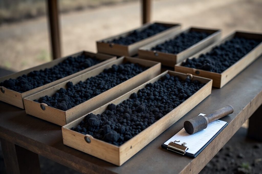 Trays of black coal drill core on a trestle table beside a clipboard and a rock hammer