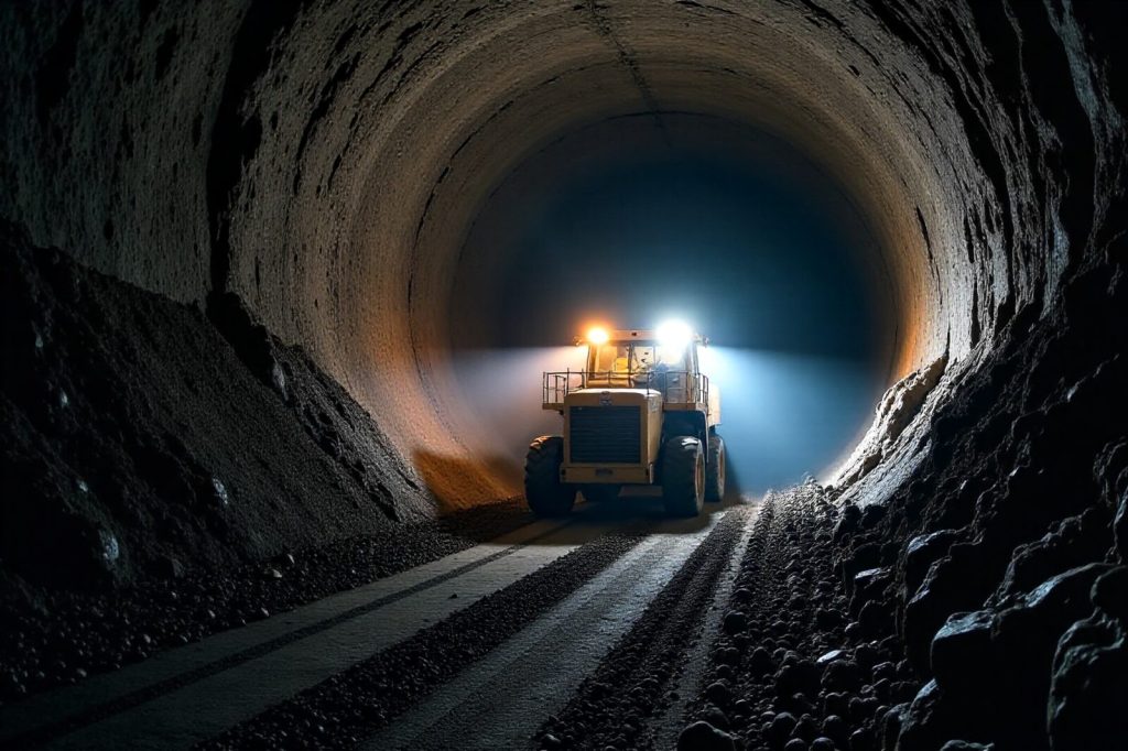 A mining machine working under lights at the end of an underground roadway at Mundoo Range