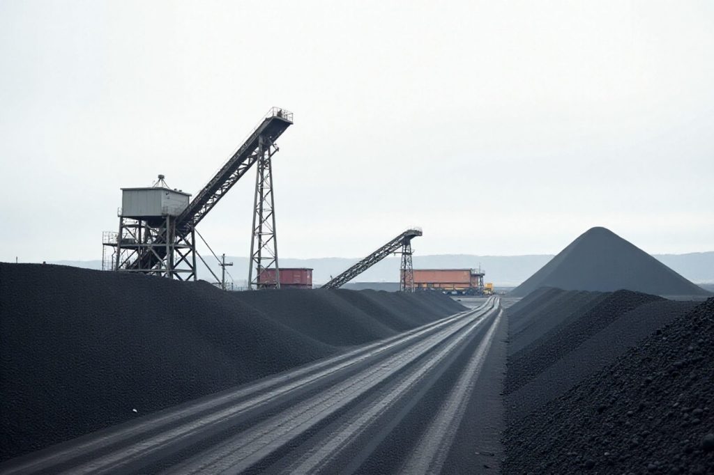 Conveyors and a stacker building a black coal stockpile at the Warrigal Creek preparation plant
