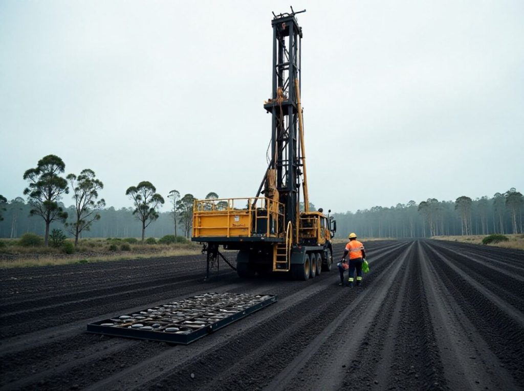 An exploration drill rig on a cleared pad at Cardowan South, core trays laid out beside it
