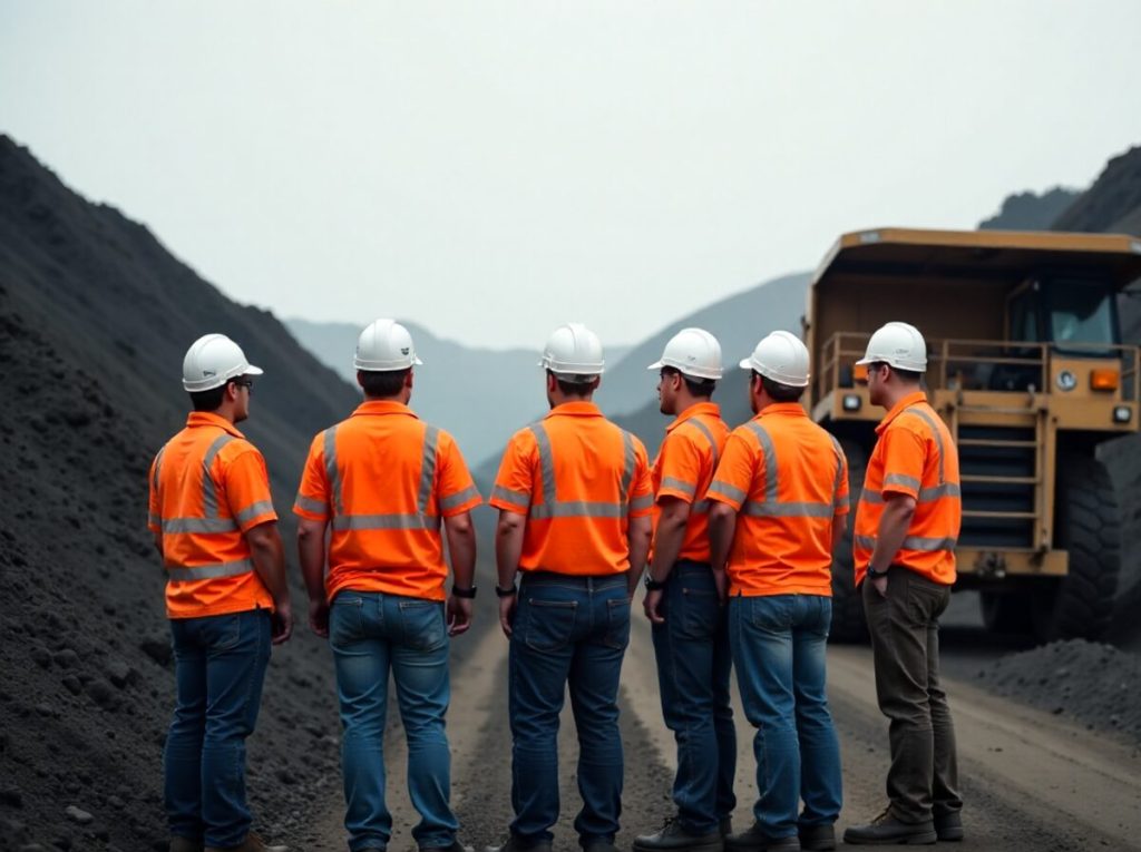 Six mine workers in hi-vis shirts and white hard hats at a pre-start meeting beside a haul truck