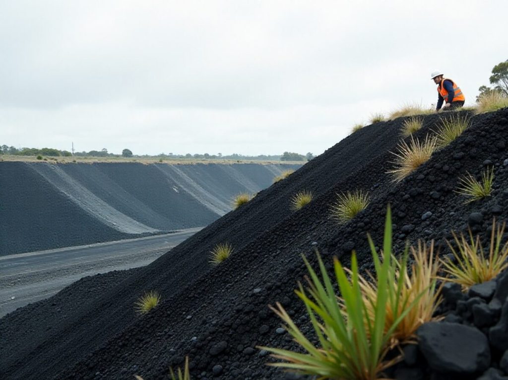 Native grasses establishing on a reshaped and rehabilitated coal mine spoil slope