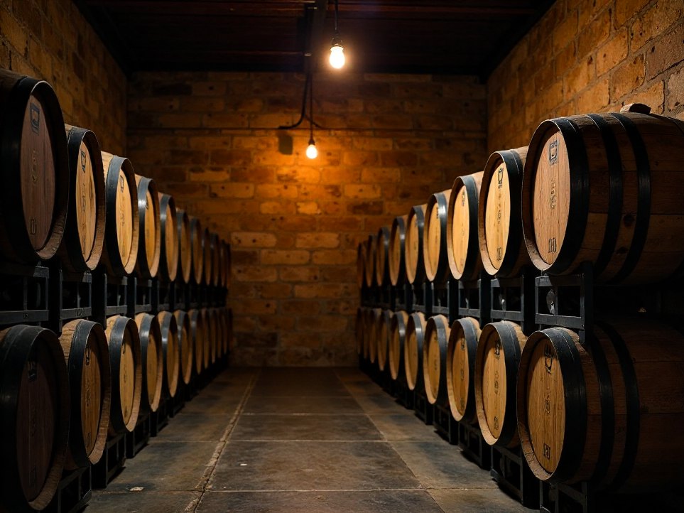 Oak barrels stacked in a cool dim corner of the brewery
