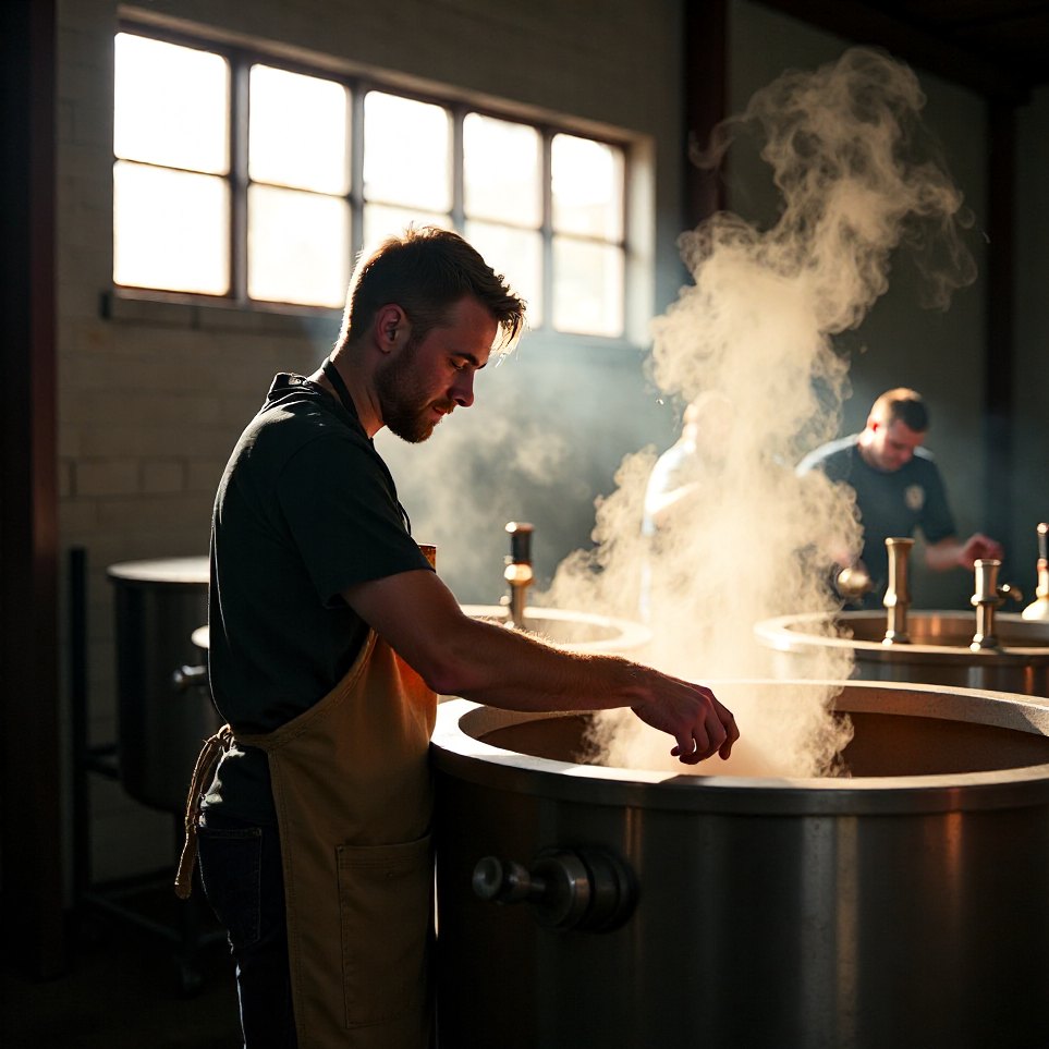 A brewer at work beside the mash tun, early morning light