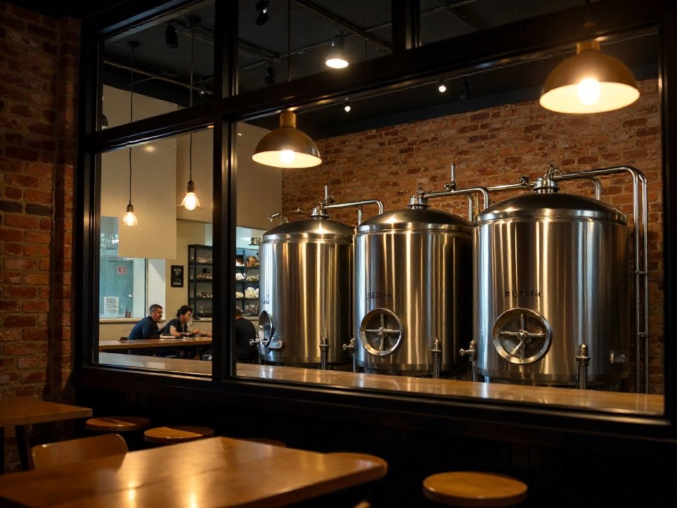 The Ironbark brewhouse, steel tanks behind glass