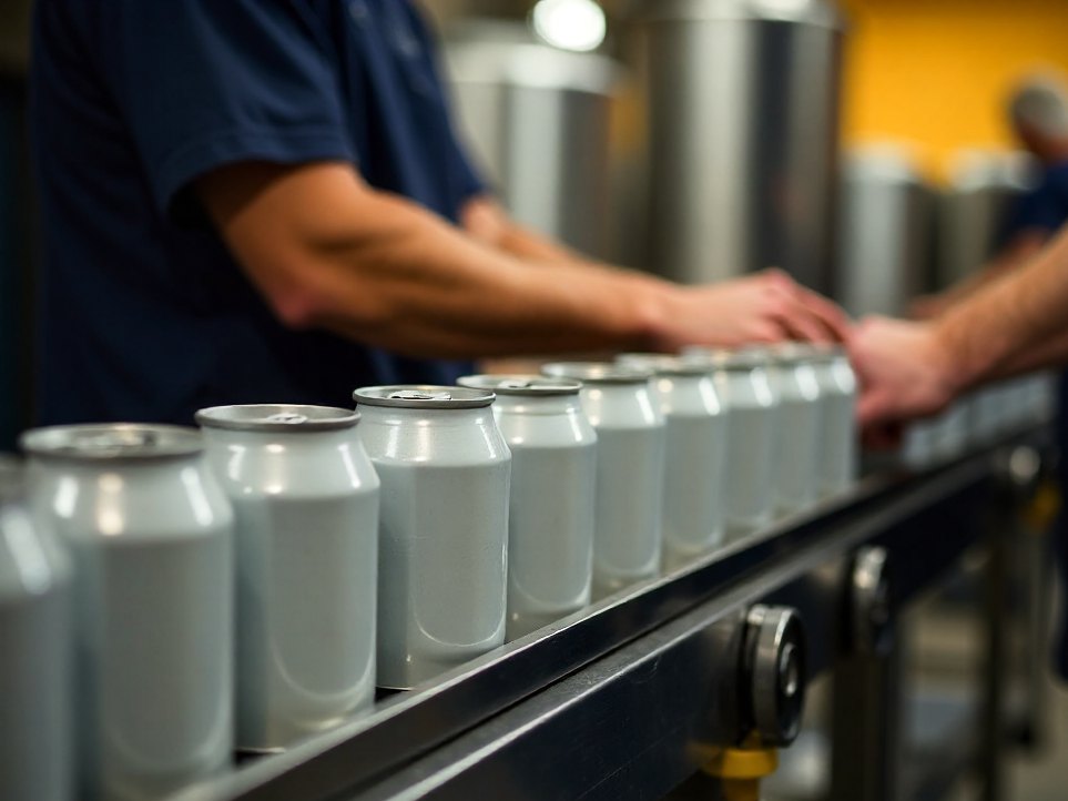 Hands on the canning line, plain unlabelled cans passing through