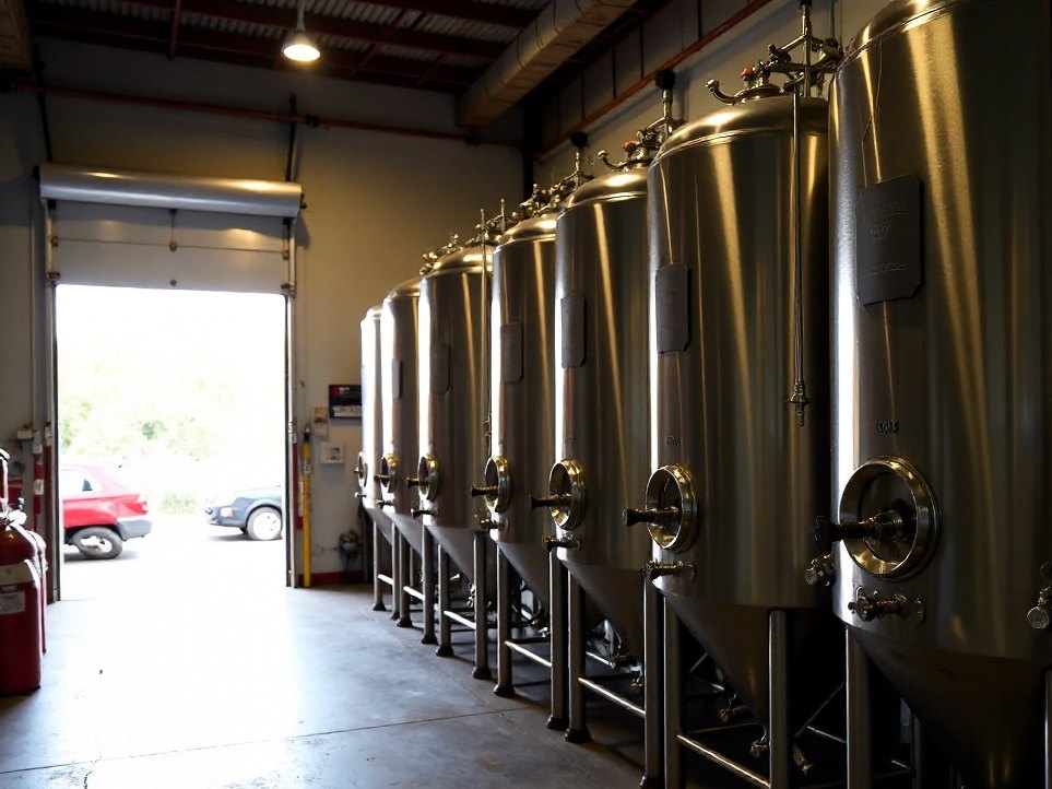 Steel fermentation tanks in the Ironbark brewhouse, morning light through a roller door