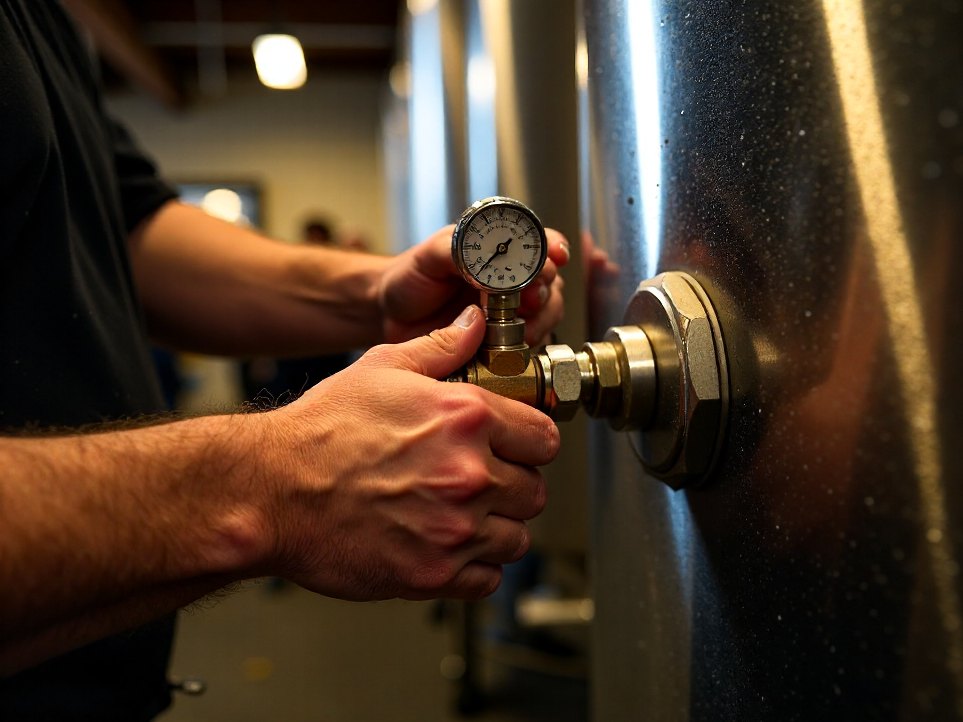 A brewer checking a valve on a steel fermenter, close detail