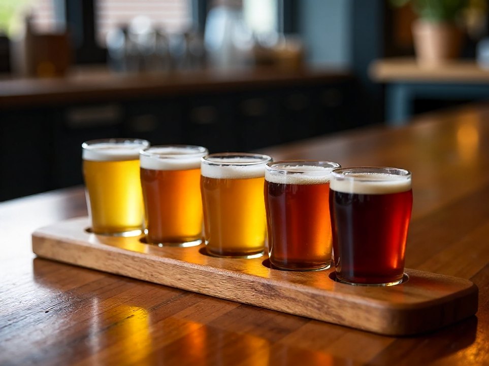 A tasting flight of four beers in different colours on a timber paddle