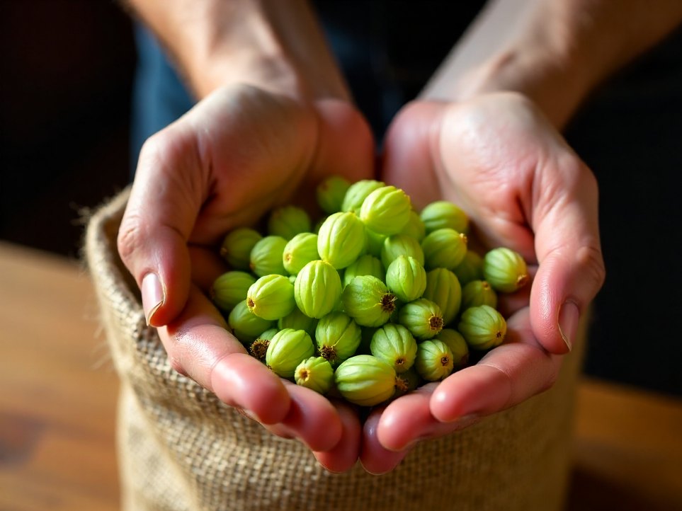 A handful of hop cones held above an open sack