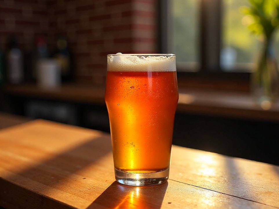 A glass of amber IPA catching afternoon light