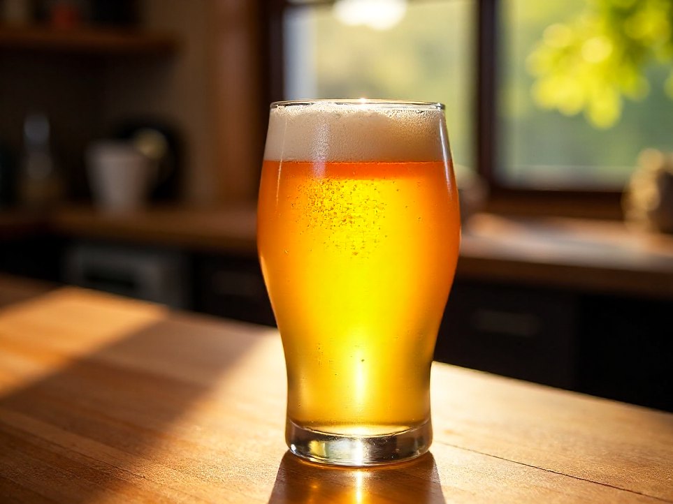 A glass of pale golden beer held up to the light