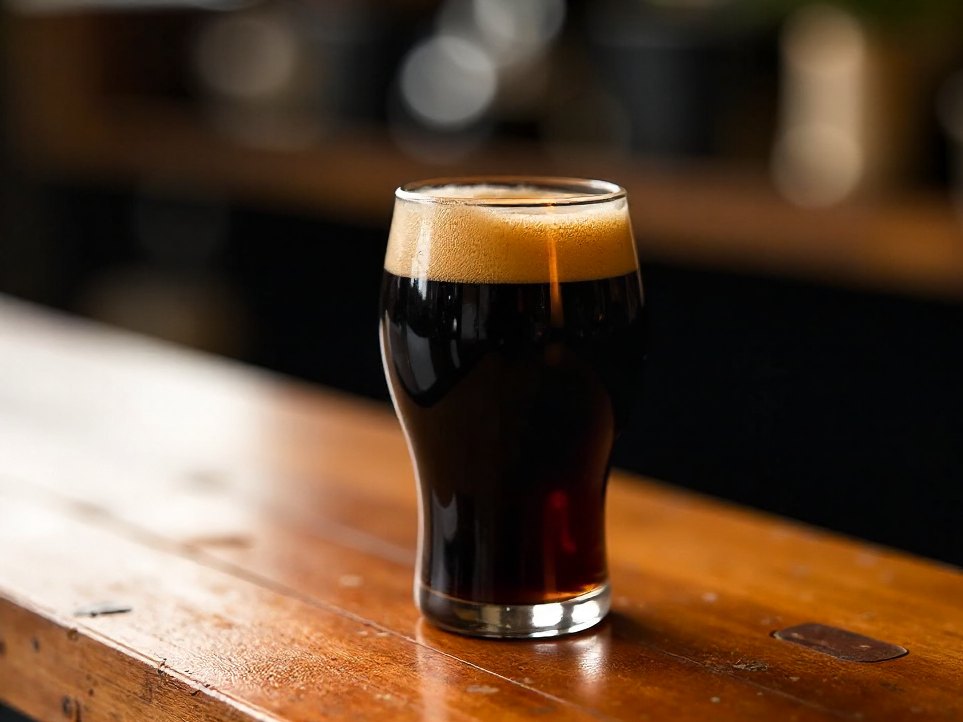 A glass of dark porter on a timber bar, low warm light