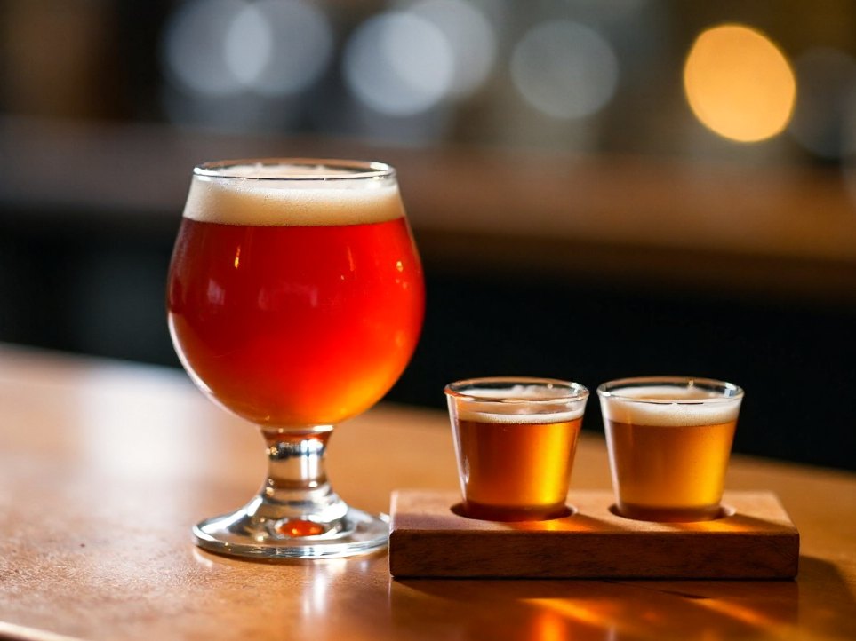 A glass of copper-red ale beside a small taster paddle