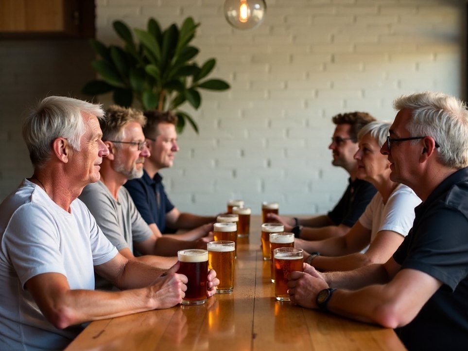Adults in their thirties and forties seated at a long taproom table, glasses of beer between them