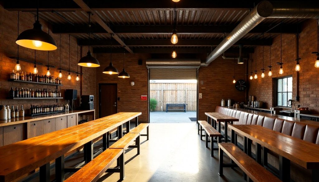Glasses of beer in different colours lined up on a timber bar at Ironbark Brewing, warm evening light