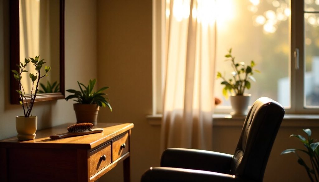 An empty styling chair and plain mirror lit by warm afternoon window light