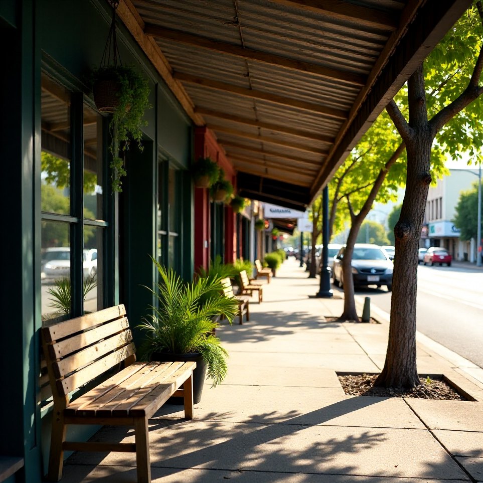 A row of small awninged shopfronts on a quiet Brisbane street