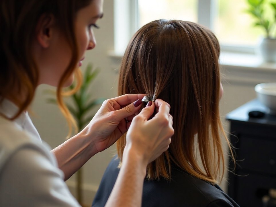 Foil sections being folded into a client's hair for a colour service