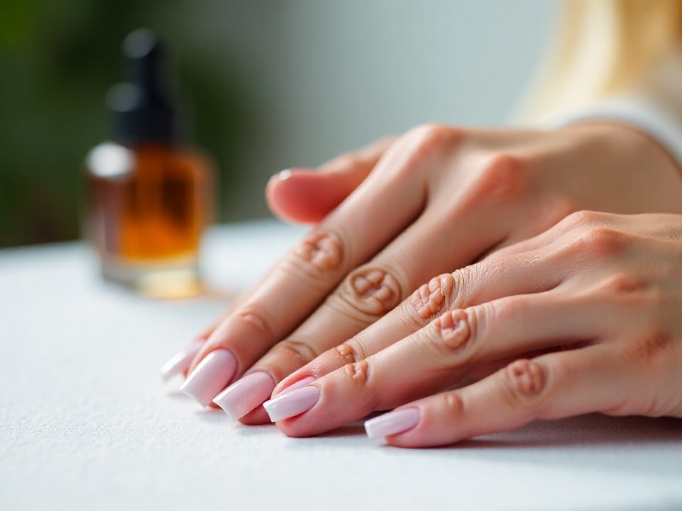 A finished set of gel nails resting on a manicure table
